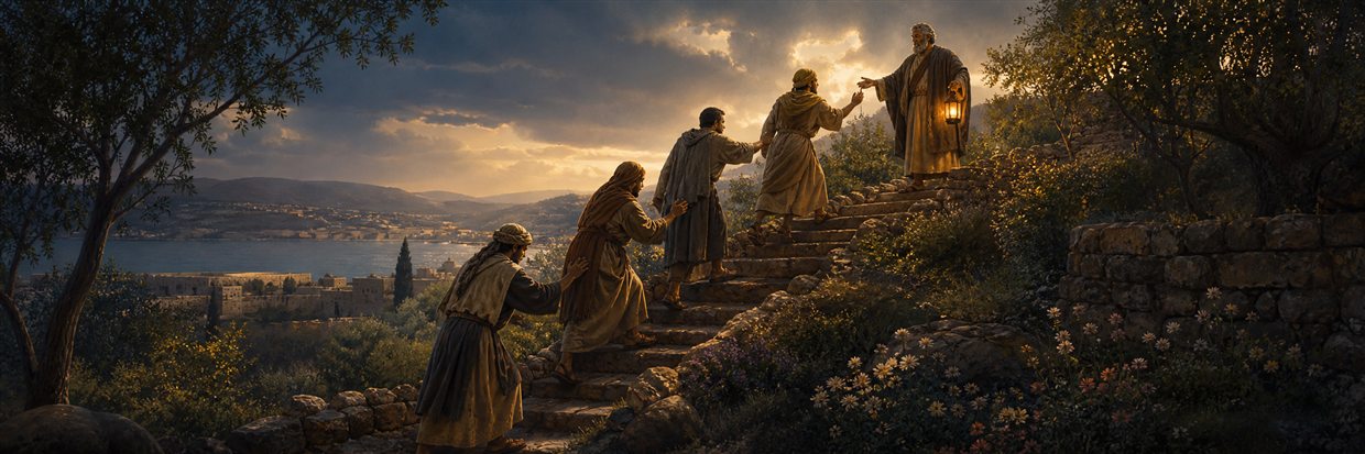 Believers ascending a path marked by growing virtues while witnesses point toward a luminous mountain